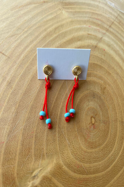 Shepidi Spiral mavi boncuk kırmızı ip küpe