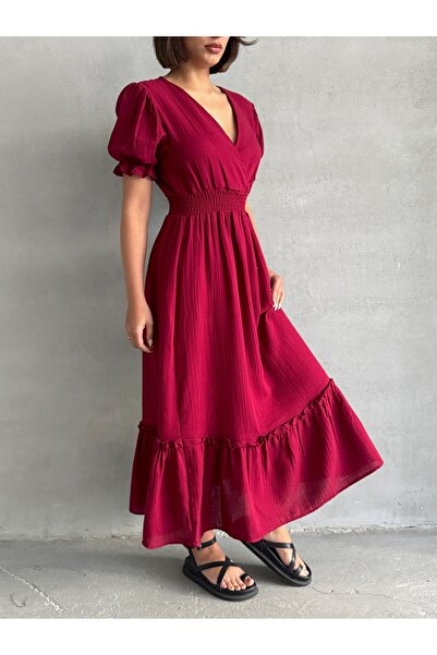 BEJNA Women's Burgundy Double Breasted Collar Gipeli Muslin Dress