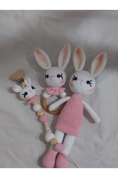 EL SANATLARI Sevimli Pembe Hediyelik Tavşan Emzik Zinciri Çıngırak 3lü Set (K...