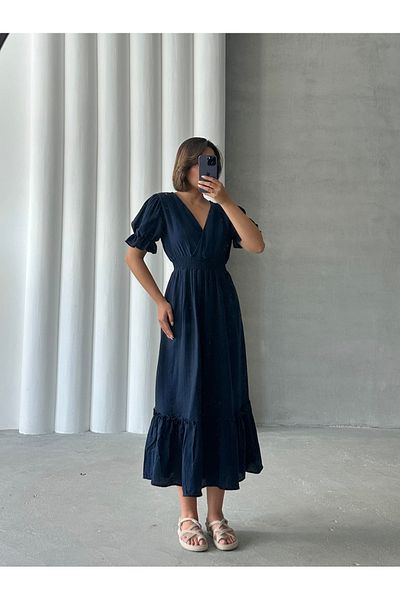 BEJNA Women's Navy Blue Double Breasted Collar Gimped Muslin Dress