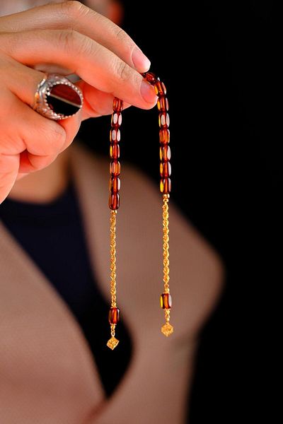 dergah tesbih Russian Drop Amber Zaza Rosary with 14 Carat Gold Design (Amber), (مسبحة قطرة كهريبار)