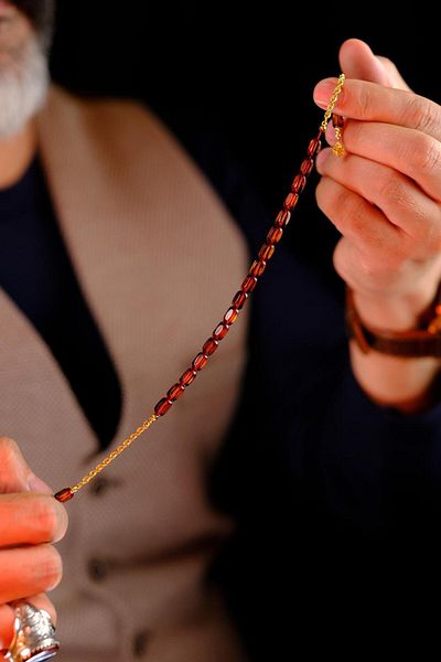 dergah tesbih Russian Drop Amber Zaza Rosary with 14 Carat Gold Design (Amber), (مسبحة قطرة كهريبار)