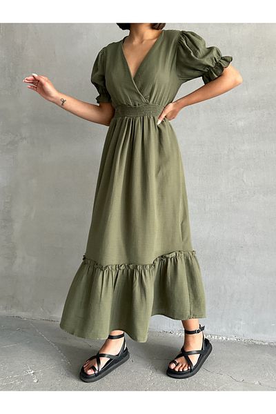 BEJNA Women's Khaki Double Breasted Collar Gimped Muslin Dress