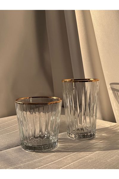 Şahika Kristal cama atılan imza Set of 12 Ahsen Gold Soft Drinks and Water Glasses