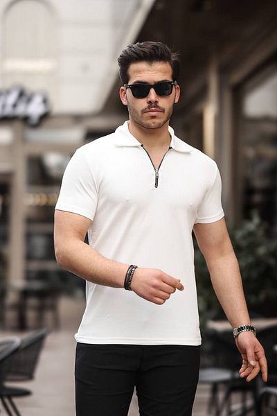 eg38 Half Zipper Polo Neck T-Shirt White