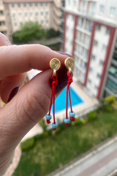 Shepidi Spiral mavi boncuk kırmızı ip küpe