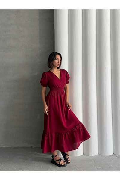 BEJNA Women's Burgundy Double Breasted Collar Gipeli Muslin Dress