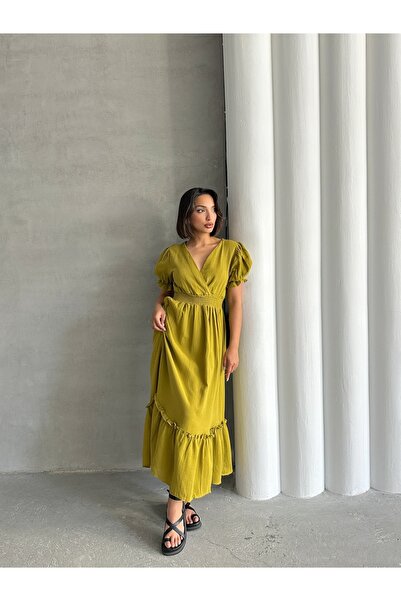 BEJNA Women's Oil Green Double Breasted Collar Gimped Muslin Dress