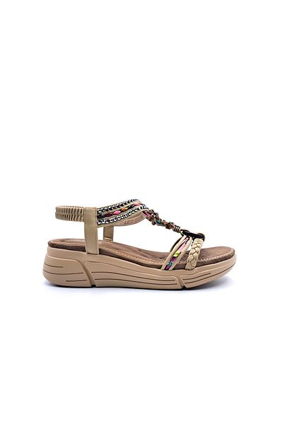 Guja Stone and Bead Weave Detailed Elastic Wedge Sole Beige Women's Sandals