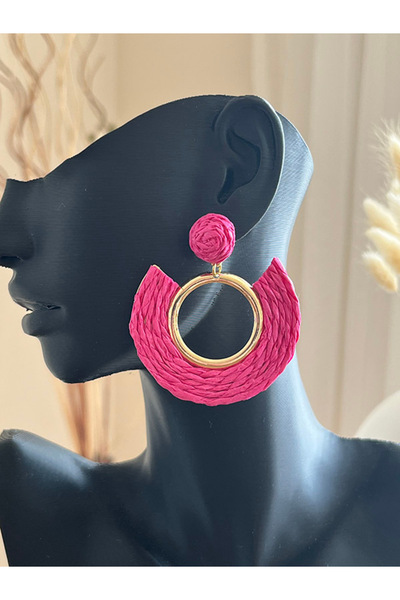 Büyük Hanım Bohemian Style Handmade Pink Raffia Earrings