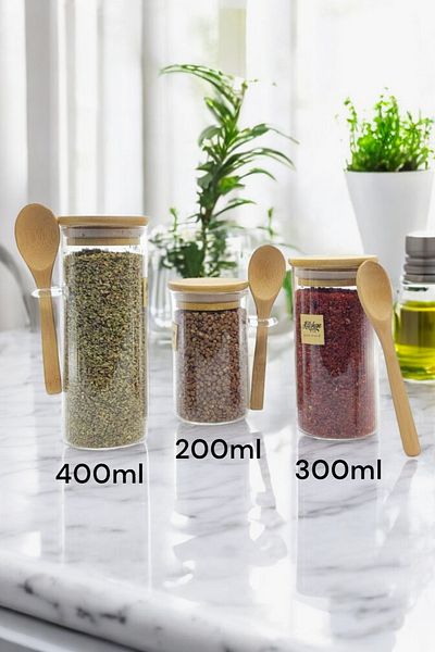 Kitchen Way Set of 3 Glass Jars with Bamboo Gasket Lids Borosilicate Spice Food Storage Set Kw-372 Series