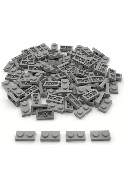 LEGO 100 Pieces 1X2 Gray Plate Parts - 100 Pieces 1X2 Light Bluish Gray Plate Parts