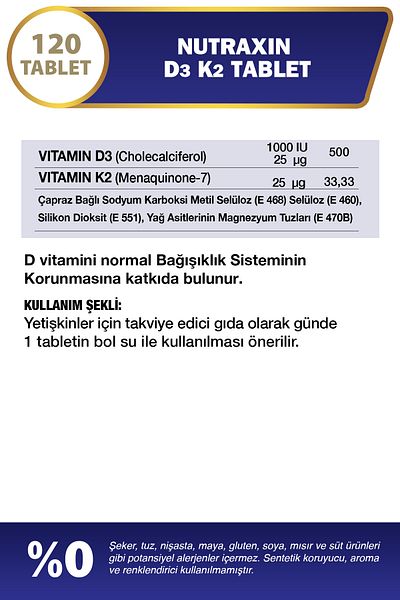 Nutraxin مكمل غذائي يحتوي على فيتامين د3 ك2 فيتامين د وك 120 قرص