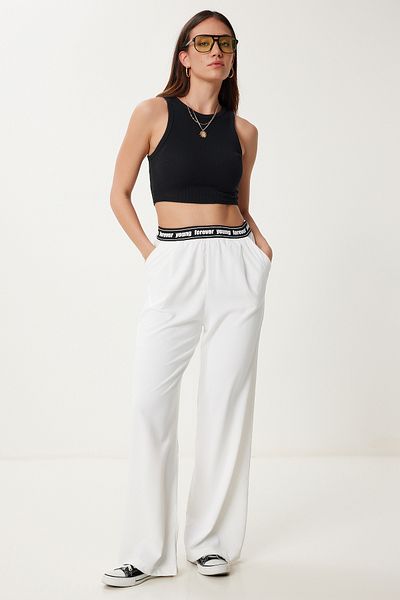 Happiness İstanbul Ecru Drapierte Sommerhose mit weitem Bein für Frauen US00994