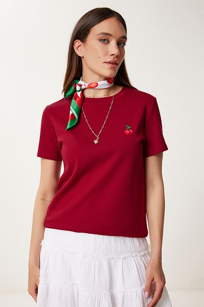 Happiness İstanbul Women's Burgundy Cherry Embroidery Embroidered Interlock T-Shirt Bf00103