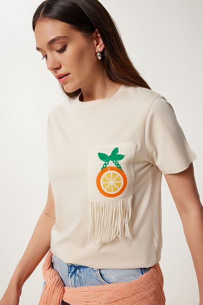 Happiness İstanbul Women's Stone Orange Embroidery Embroidered Cotton T-Shirt Ub00385