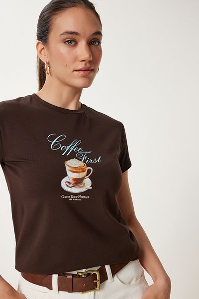 Happiness İstanbul Women's Brown Printed Knitted T-Shirt Ub00388
