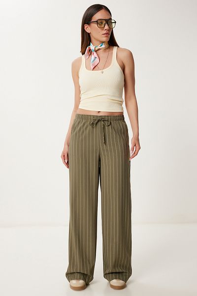 Happiness İstanbul Women's Khaki Striped Wide Leg Summer Pants Rg00061