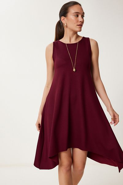 Happiness İstanbul Women's Burgundy Asymmetrical Cut Summer Knitted Dress Zv00304