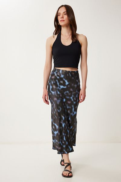Happiness İstanbul Women's Black Blue Patterned Satin Midi Skirt Us00995