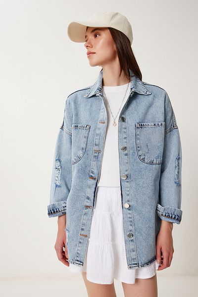 Happiness İstanbul Women's Light Blue Detachable Detailed Printed Oversize Denim Jacket Sa00041