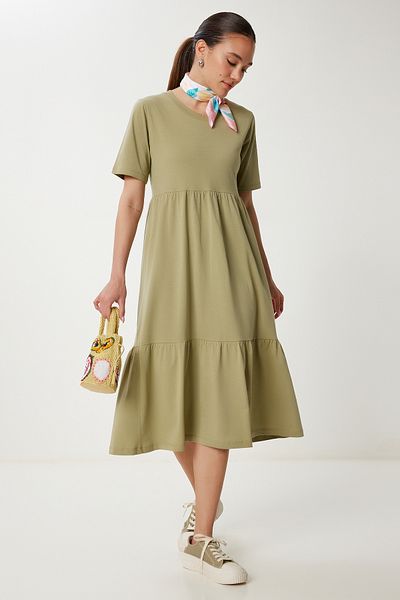 Happiness İstanbul Women's Khaki Oversize Flounce Summer Knitted Dress Cr00475