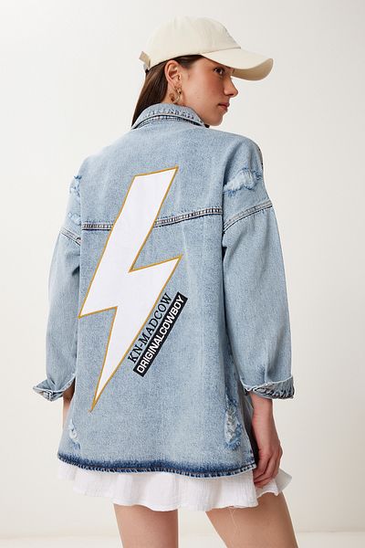 Happiness İstanbul Women's Light Blue Detachable Detailed Printed Oversize Denim Jacket Sa00041