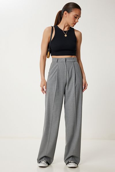 Happiness İstanbul Women's Gray Pleated Pocket Woven Palazzo Trousers Us00978