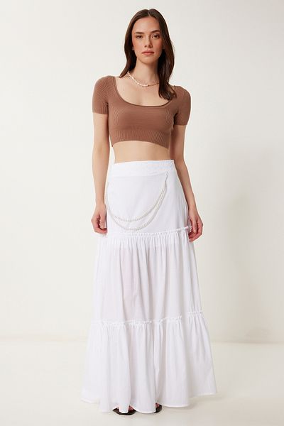 Happiness İstanbul Women's White Pearl Detailed Summer Long Skirt Us00996
