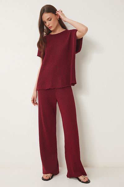 Happiness İstanbul Burgunderroter Strickanzug für Damen mit Bluse und Hose DP00240