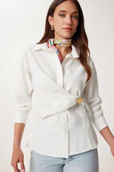 Happiness İstanbul Women's Bone Gold Appliqued Poplin Shirt Us00975
