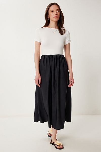 Happiness İstanbul Women's Ecru Black Knitted Top Poplin Skirt Summer Dress Zv00305