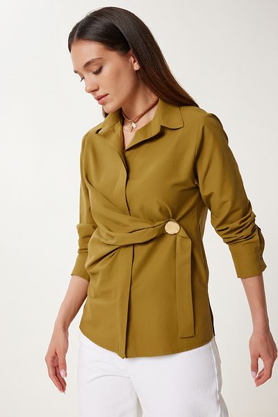 Happiness İstanbul Women's Olive Green Gold Appliqued Poplin Shirt Us00975