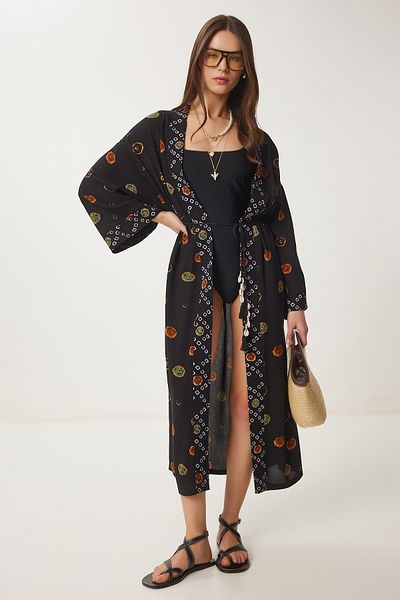 Happiness İstanbul Women's Black Patterned Viscose Kimono Ub00377