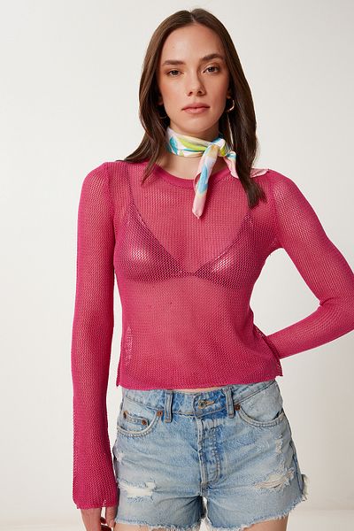 Happiness İstanbul Dunkelrosa transparente, dehnbare Strickwaren-Netzbluse für Damen NS00426