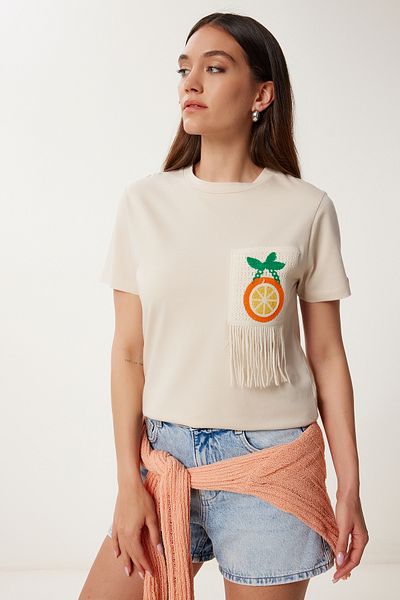 Happiness İstanbul Women's Stone Orange Embroidery Embroidered Cotton T-Shirt Ub00385