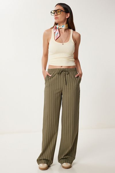 Happiness İstanbul Women's Khaki Striped Wide Leg Summer Pants Rg00061