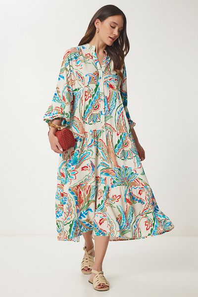 Happiness İstanbul Women's Cream Blue Patterned Buttoned Summer Viscose Dress Cr00429