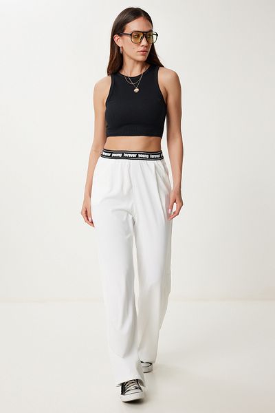 Happiness İstanbul Ecru Drapierte Sommerhose mit weitem Bein für Frauen US00994