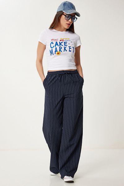 Happiness İstanbul Women's Navy Blue Striped Wide Leg Summer Pants Rg00061