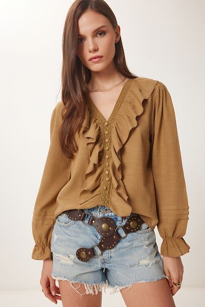 Happiness İstanbul Blouse - Brown - Lace Collar