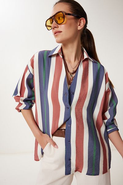 Happiness İstanbul Women's Navy Blue Ecru Striped Flowy Crinkle Shirt Dp00246