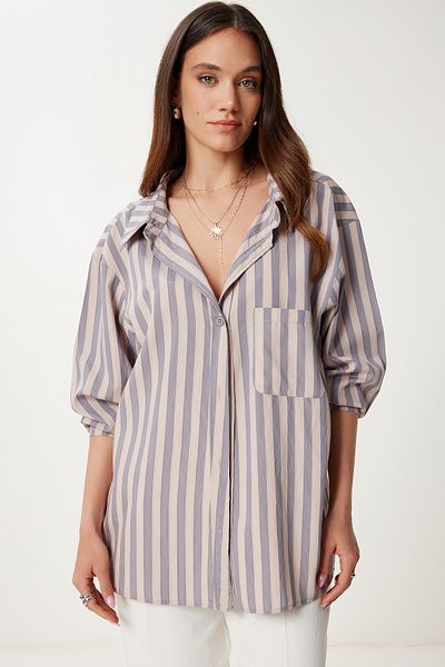 Happiness İstanbul Women's Gray Striped Flowy Viscose Shirt Us00966