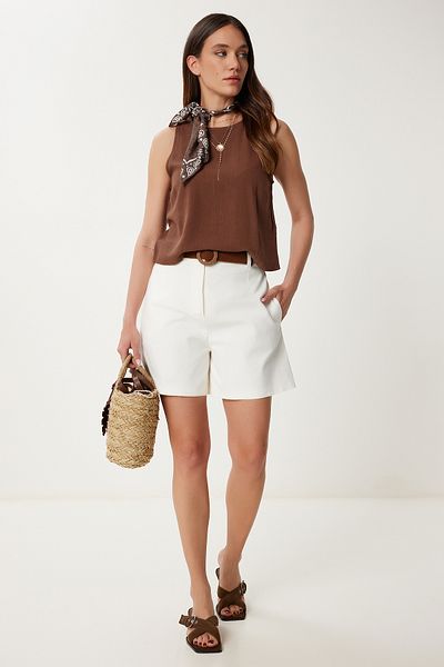 Happiness İstanbul Women's Bone Belted City Size Gabardine Shorts Df00014