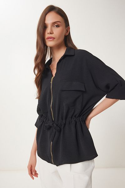 Happiness İstanbul Women's Black Drawstring Zippered Crinkle Jacket Dd01349