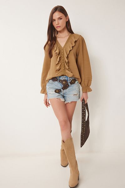 Happiness İstanbul Blouse - Brown - Lace Collar