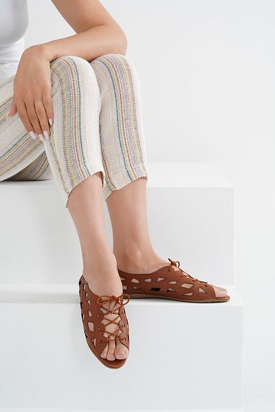 Beyond Women's Tan Laser Lace-Up Open Front Leather Sandals Byndlzr01