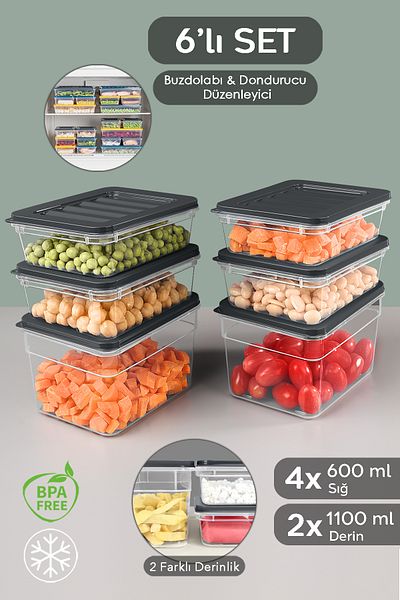 Meleni Home 6-Piece Microwave Compatible Organizer Set - Food Food Storage, Deep and Shallow S Anthracite