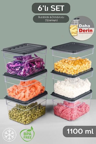 Meleni Home 6-Piece Anthracite Colored Deep Refrigerator Organizer Set - Microwave and Freezer Container 1100ml