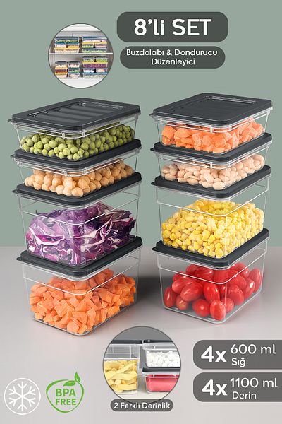 Meleni Home 8-Piece Anthracite Refrigerator Organizer Set - Deep and Shallow Microwave Freezer Container